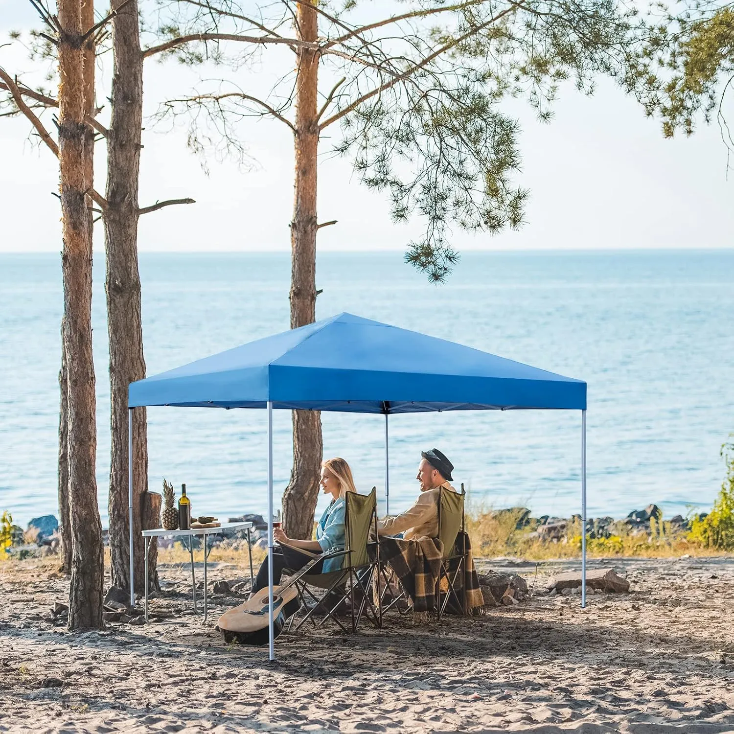 Smartxchoices 10 x 10 FT Pop Up Canopy Tent - Instant Outdoor Canopy with Wheeled Carry Bag, 4 Ropes, Straight Legs, Stakes, Height Adjustable Outdoor Tent Sun Protection Beach Shelter, Blue
