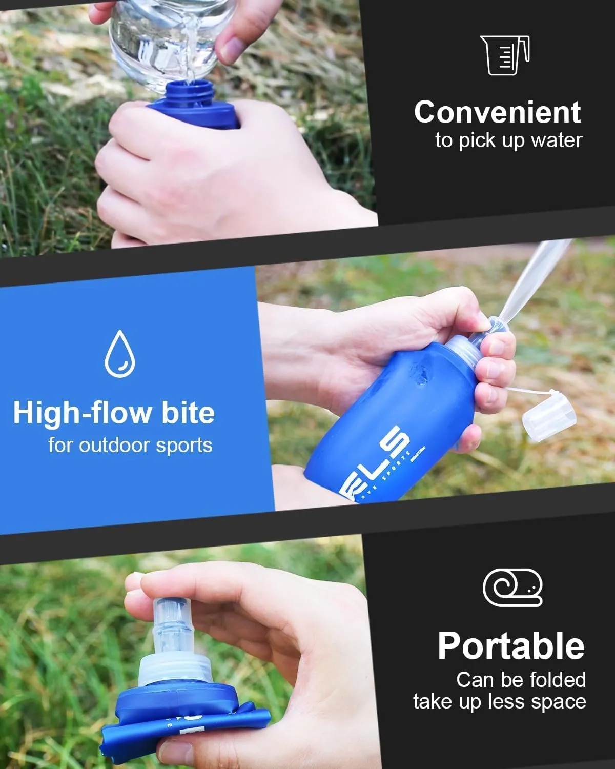 Soft Running Water Flask Soft Flasks Collapsible Soft Water Bottles Small BPA-Free for Sports Hiking Hydration Pack 5oz/8oz/17oz(BLACK,17oz*2)