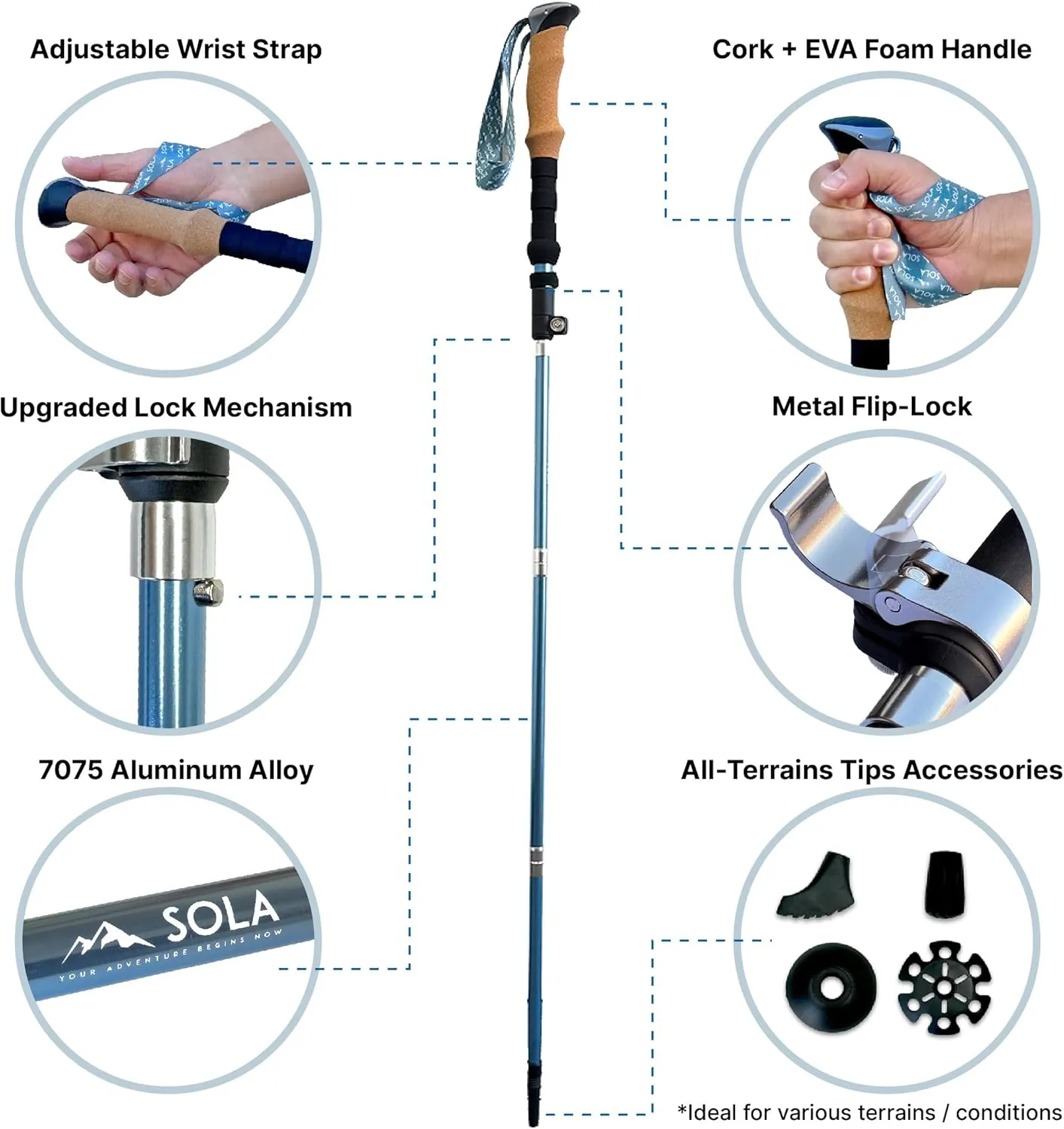 SOLA Trekking Poles Lightweight Collapsible Hiking Poles - 7075 Aluminum Alloy with Anti-Sweat Cork Grips Great for Nordic Walking, Hiking and Camping for Men Women Seniors - 2pcs per Set