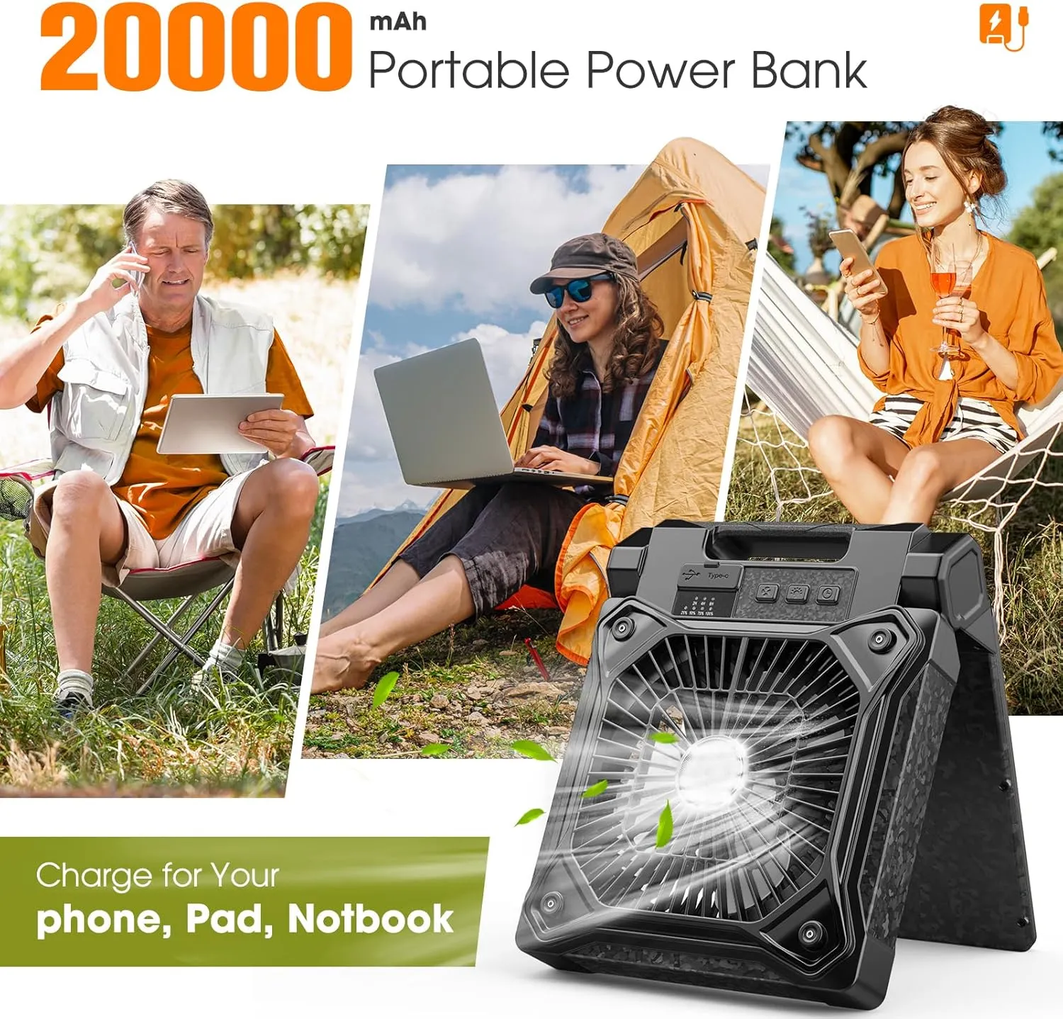 Solar Camping Fan with LED Lantern, 20000mAh Rechargeable Battery Powered with 10W Solar Panel, Quiet Battery Operated Tent Fan for Picnic, Barbecue, Fishing, Travel