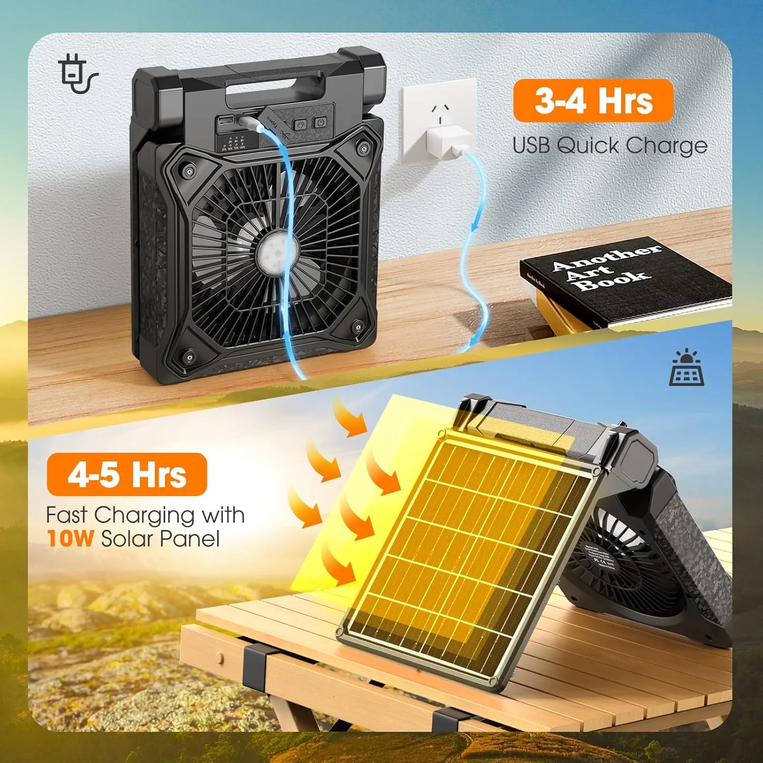 Solar Camping Fan with LED Lantern, 20000mAh Rechargeable Battery Powered with 10W Solar Panel, Quiet Battery Operated Tent Fan for Picnic, Barbecue, Fishing, Travel