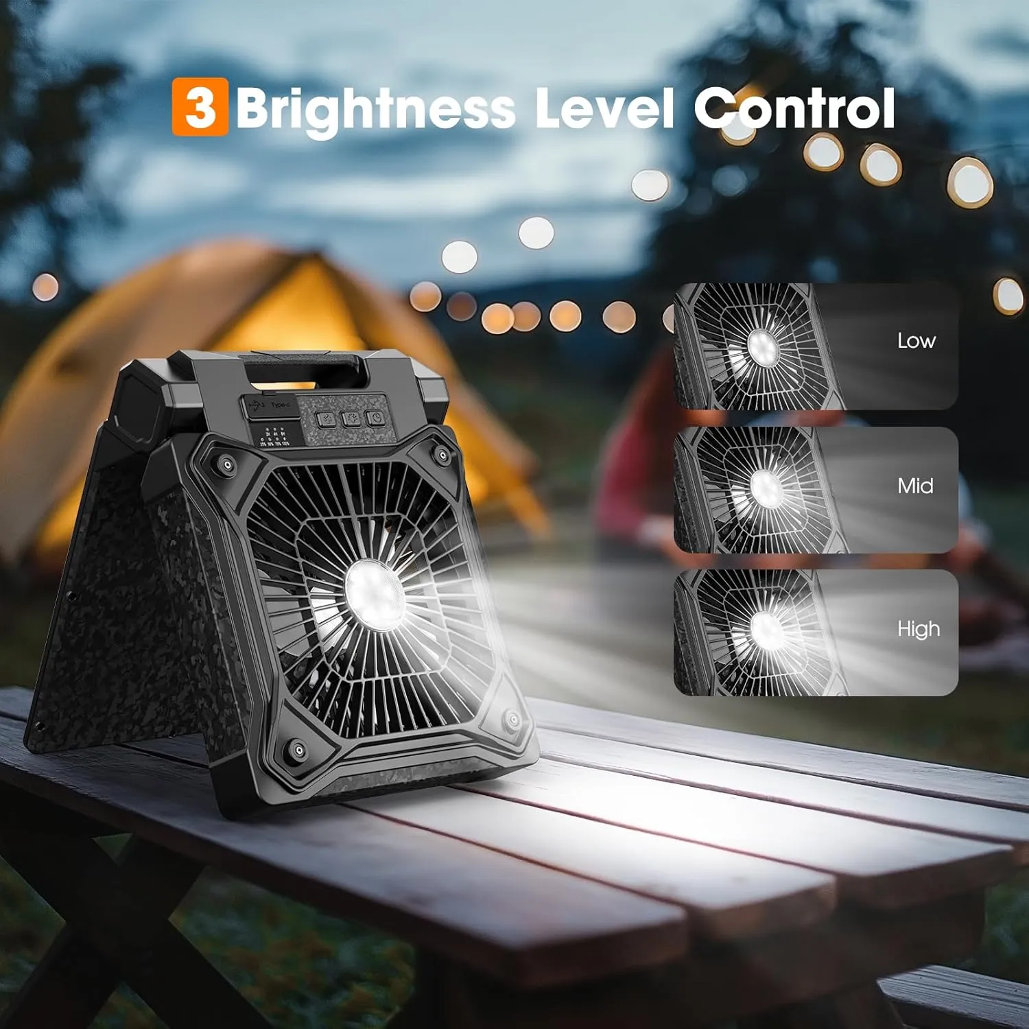 Solar Camping Fan with LED Lantern, 20000mAh Rechargeable Battery Powered with 10W Solar Panel, Quiet Battery Operated Tent Fan for Picnic, Barbecue, Fishing, Travel