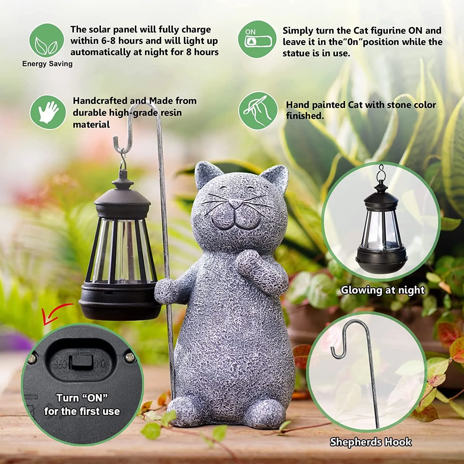 Solar Garden Statue Cat Figurine- Garden Art with Solar Lantern, Loving Cat for Patio,Balcony,Yard, Lawn-Unique Housewarming Gift for Garden Mom Grandma