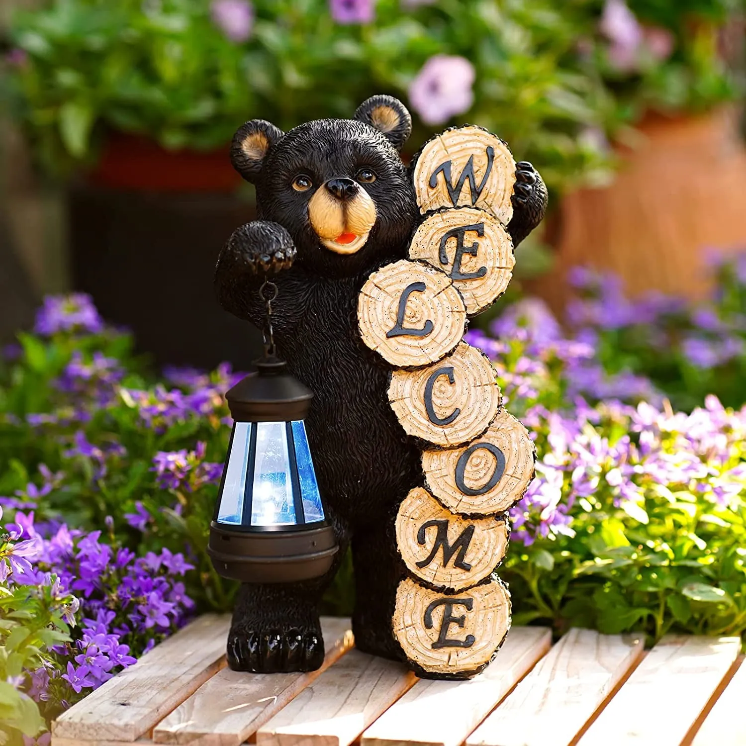 Solar Garden Statue Cat Figurine- Garden Art with Solar Lantern, Loving Cat for Patio,Balcony,Yard, Lawn-Unique Housewarming Gift for Garden Mom Grandma