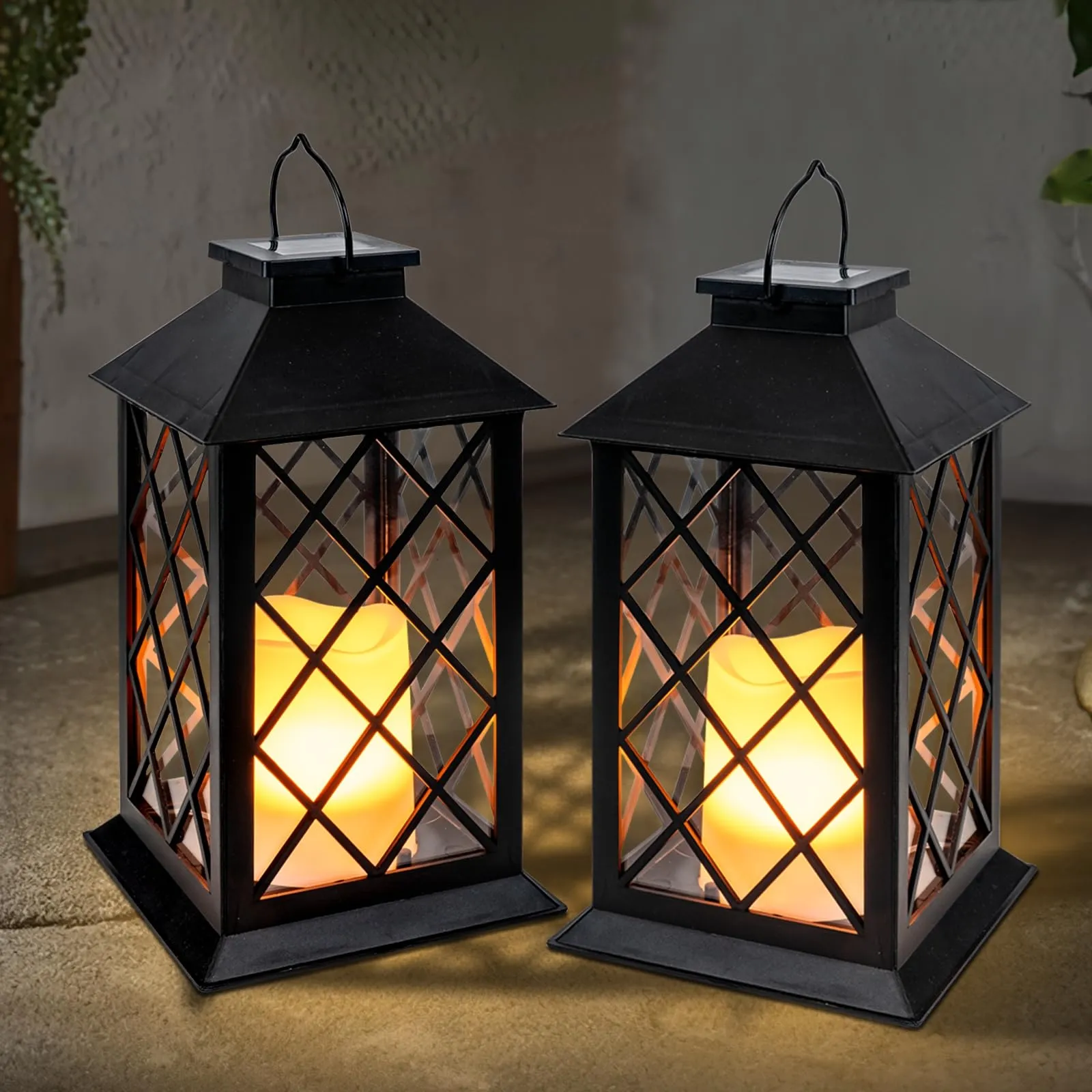 Solar Lanterns Outdoor Waterproof Hanging with Flickering Flameless Candles, 2 Pack 13'' Garden Outdoor Lantern Decorative for Patio Front Porch Backyard Balcony Cabin Outside Table(Black)