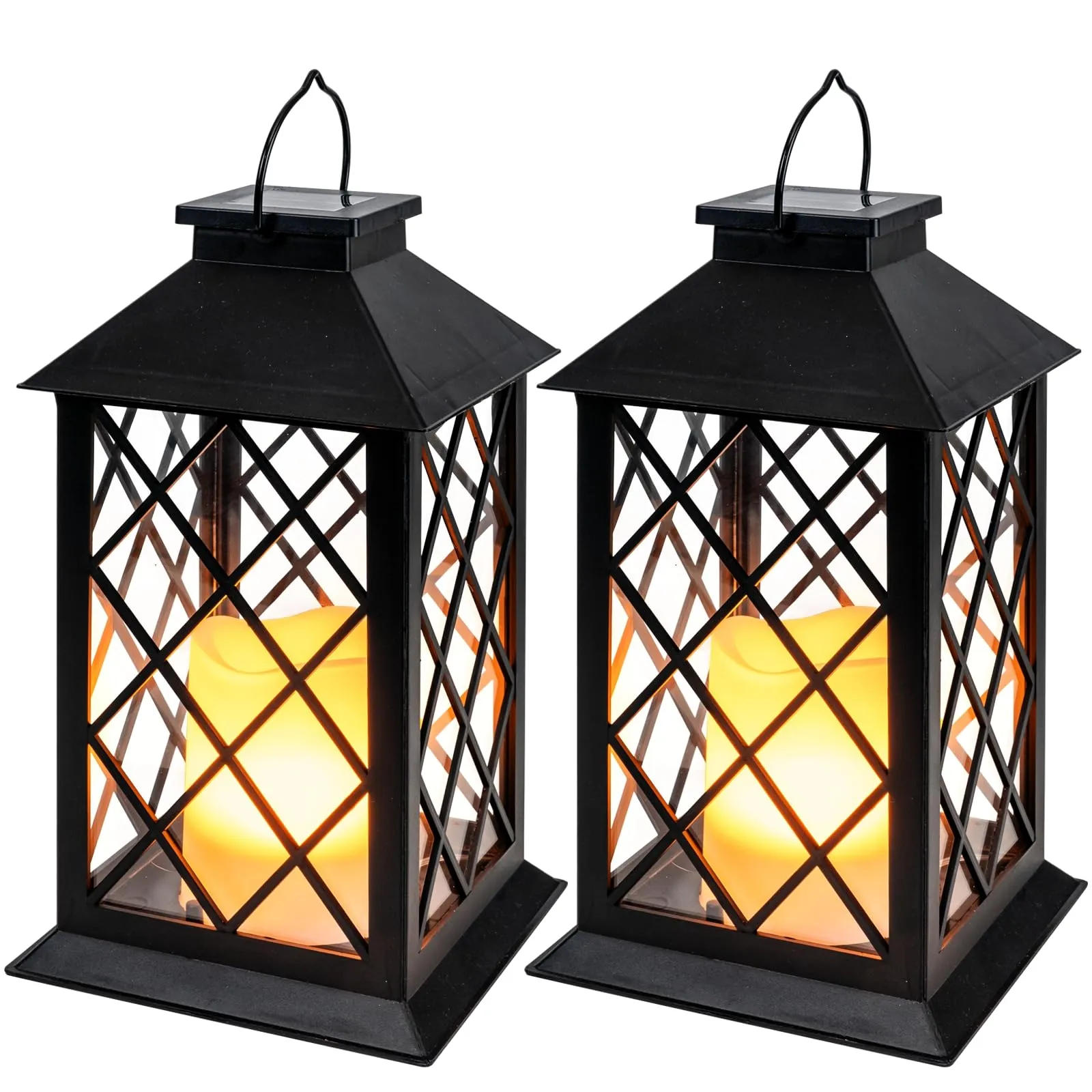 Solar Lanterns Outdoor Waterproof Hanging with Flickering Flameless Candles, 2 Pack 13'' Garden Outdoor Lantern Decorative for Patio Front Porch Backyard Balcony Cabin Outside Table(Black)