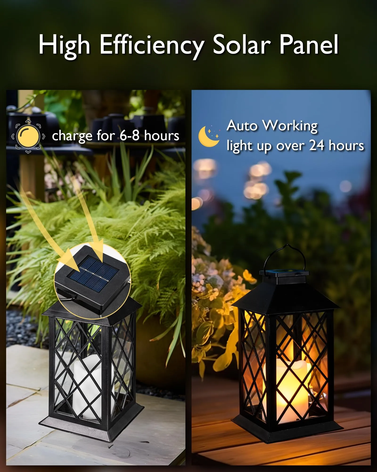 Solar Lanterns Outdoor Waterproof Hanging with Flickering Flameless Candles, 2 Pack 13'' Garden Outdoor Lantern Decorative for Patio Front Porch Backyard Balcony Cabin Outside Table(Black)