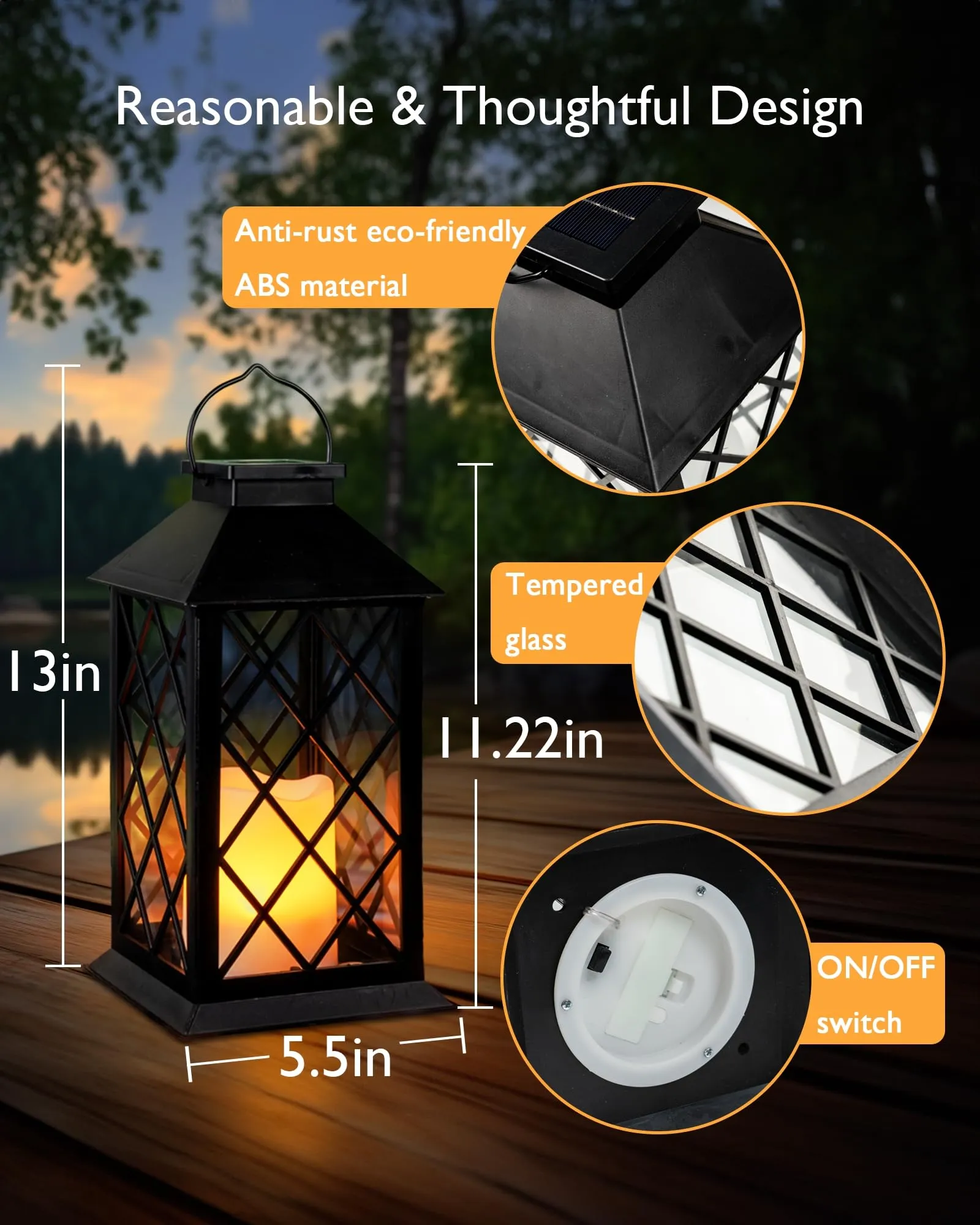 Solar Lanterns Outdoor Waterproof Hanging with Flickering Flameless Candles, 2 Pack 13'' Garden Outdoor Lantern Decorative for Patio Front Porch Backyard Balcony Cabin Outside Table(Black)