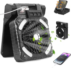 Solar Powered Fan for Camping 20000mAh Portable Rechargeable Solar Camping Fan for Tents with LED Light & Timer, 4 Speed Cordless Battery Powered for Outside Stay Cooling, Black