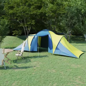 Spacious 6-Person Camping Tent for Outdoor Adventures, Easy Assembly, with Mosquito Net and Ventilation Windows, Blue and Yellow
