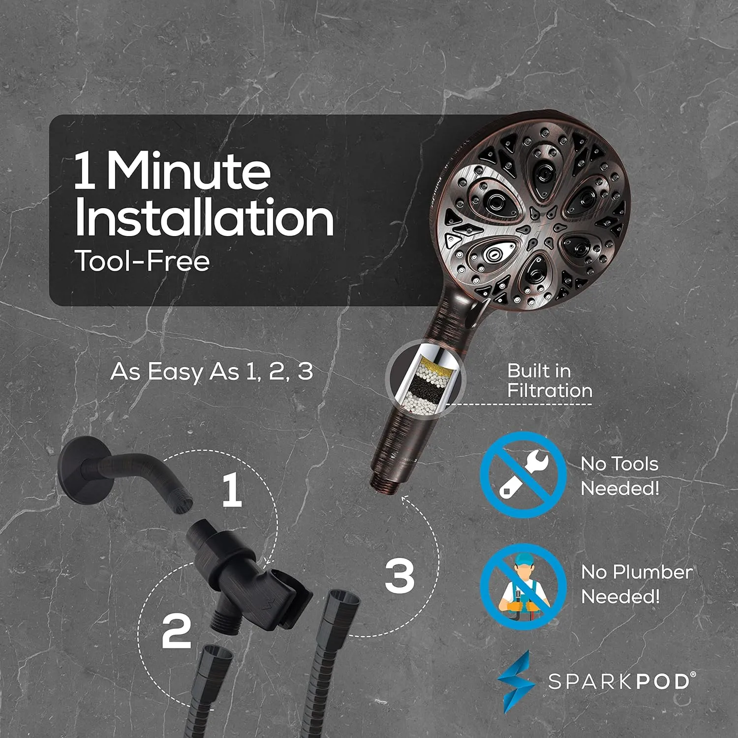 SparkPod 10-Mode Handheld Shower Head with Filter - 5" High Pressure Filtered Shower Head with Touch-to-Clean Nozzles, Built-In Power Jet, Stainless Steel 6ft Hose & Bracket (Oil-Rubbed Bronze)