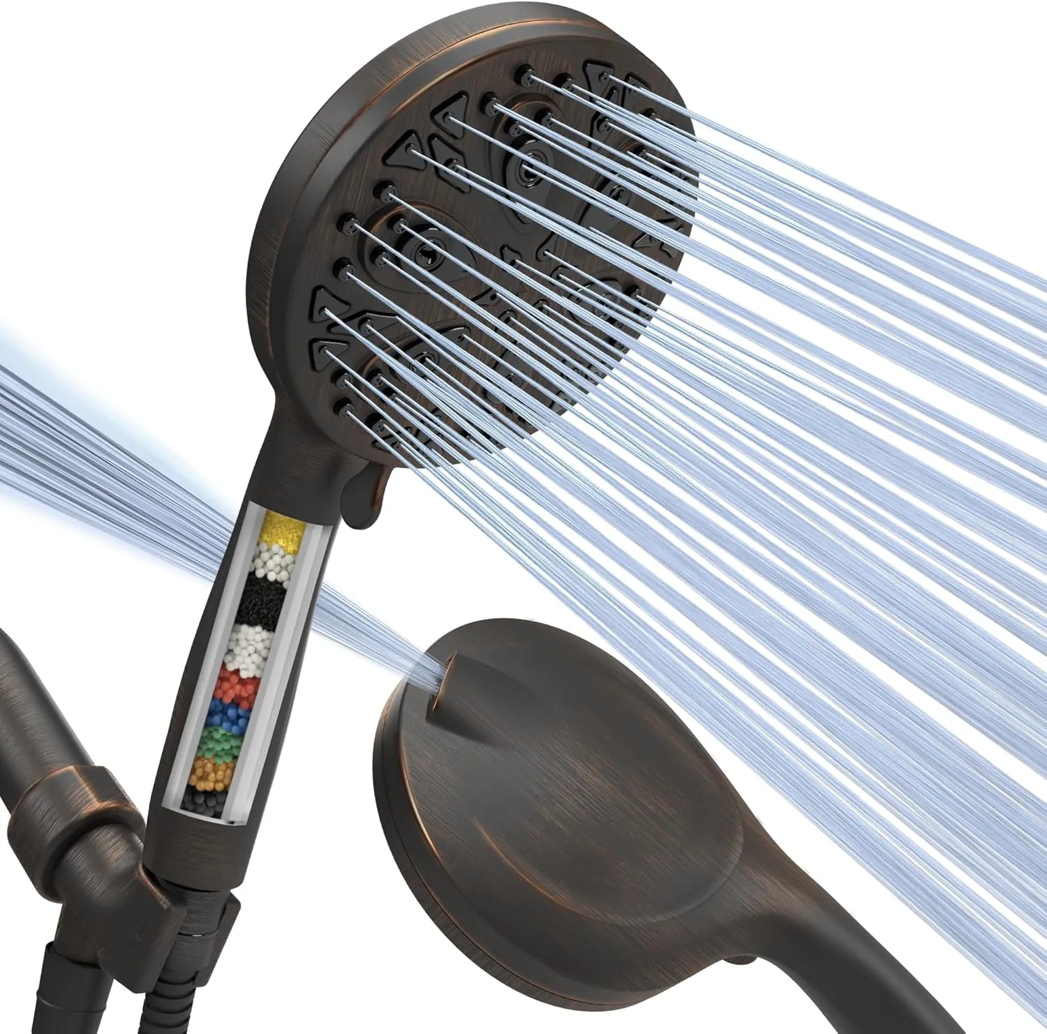 SparkPod 10-Mode Handheld Shower Head with Filter - 5" High Pressure Filtered Shower Head with Touch-to-Clean Nozzles, Built-In Power Jet, Stainless Steel 6ft Hose & Bracket (Oil-Rubbed Bronze)