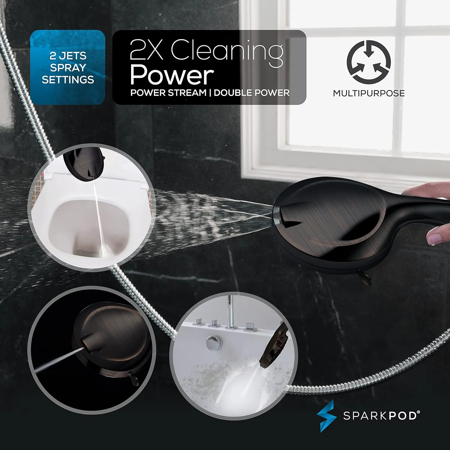 SparkPod 10-Mode Handheld Shower Head with Filter - 5" High Pressure Filtered Shower Head with Touch-to-Clean Nozzles, Built-In Power Jet, Stainless Steel 6ft Hose & Bracket (Oil-Rubbed Bronze)