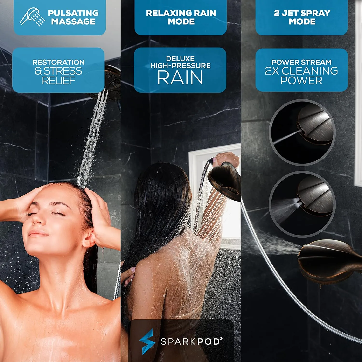SparkPod 10-Mode Handheld Shower Head with Filter - 5" High Pressure Filtered Shower Head with Touch-to-Clean Nozzles, Built-In Power Jet, Stainless Steel 6ft Hose & Bracket (Oil-Rubbed Bronze)