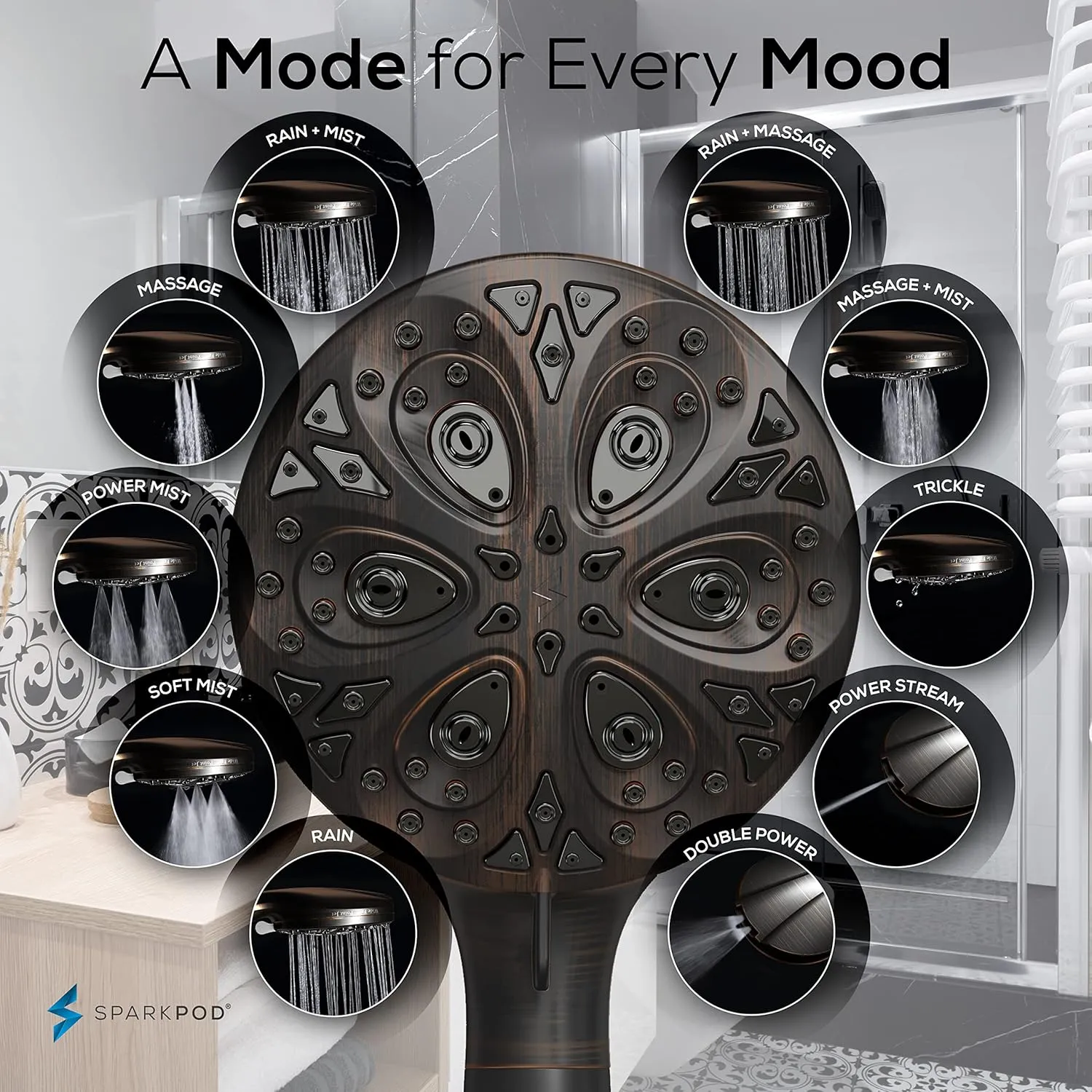 SparkPod 10-Mode Handheld Shower Head with Filter - 5" High Pressure Filtered Shower Head with Touch-to-Clean Nozzles, Built-In Power Jet, Stainless Steel 6ft Hose & Bracket (Oil-Rubbed Bronze)