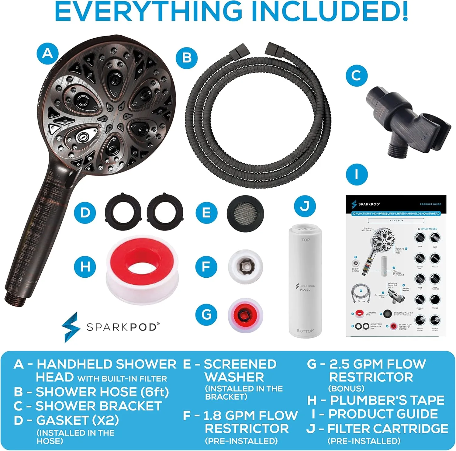 SparkPod 10-Mode Handheld Shower Head with Filter - 5" High Pressure Filtered Shower Head with Touch-to-Clean Nozzles, Built-In Power Jet, Stainless Steel 6ft Hose & Bracket (Oil-Rubbed Bronze)