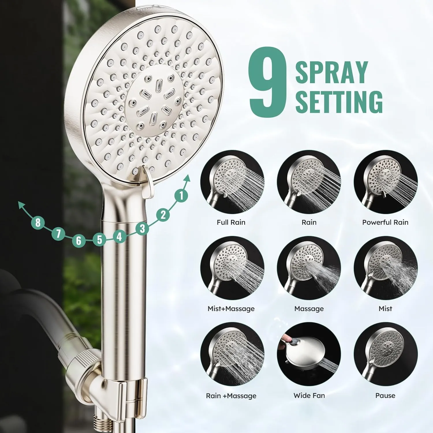 SR SUN RISE Filtered Shower Head with Handheld, High Pressure 9 Spray Mode Brushed Nickel Showerhead with Filters, detachable shower head,Water Softener Filters Beads for Hard Water - Remove Chlorine
