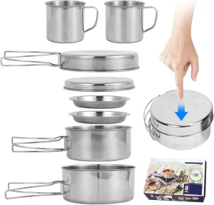 Stainless Steel Camping Cookware Mess Kit,Camping Cooking Set 8Pcs Stainless Steel Camping Cookware Portable Cooking Pot and Pan Set with Plates Cups for 5-6 Adults Outdoor Hiking Picnic BBQ