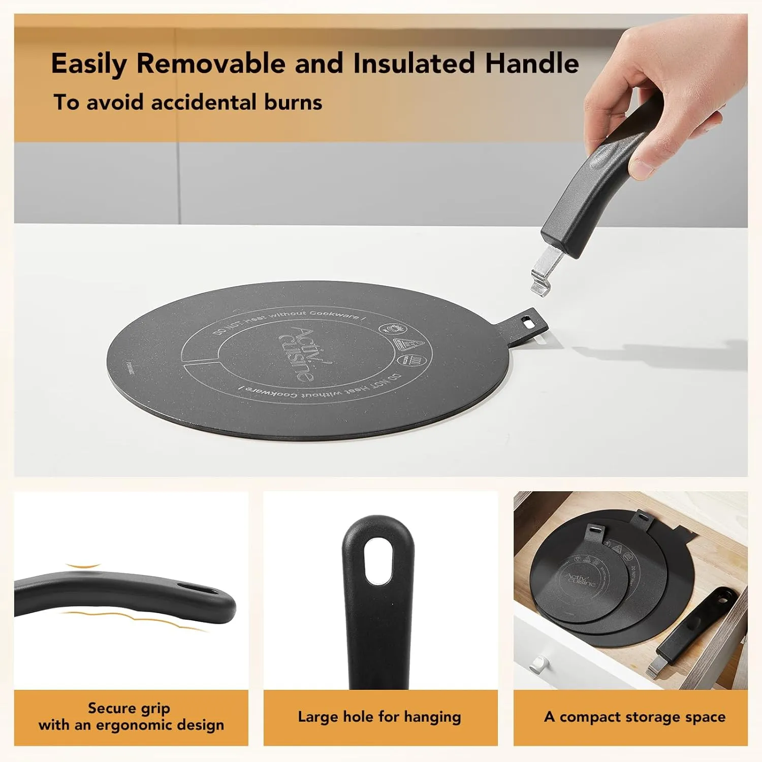 Stainless Steel Heat Diffuser for Electric Glass Gas Ceramic Cooktop, Induction Adapter Simmer Plate, Gas Stove Converter Disk with Removable Handle, Black 7.87 inch