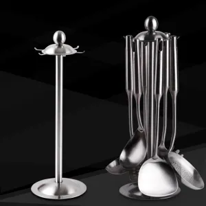 Stainless Steel Kitchen Utensils Holder Stand Rack Organizer 360 Degree Rotating Carousel with 6 Hooks