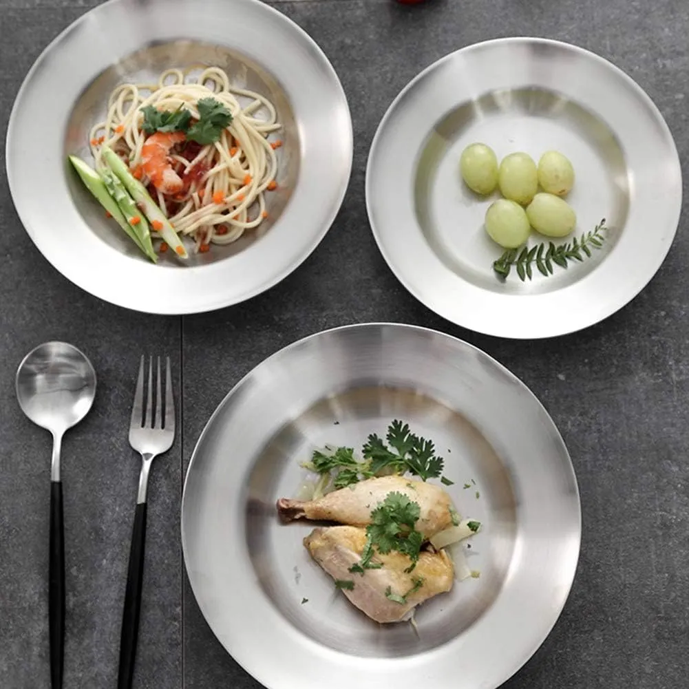 Stainless Steel Plate/Bowl, Stackable Snack Plate, Metal Brushed Finish, Easy to Pack for Outdoor Activities, Camping, Adventure, Sturdy and Unbreakable,1pc,23cm(3pc,A)