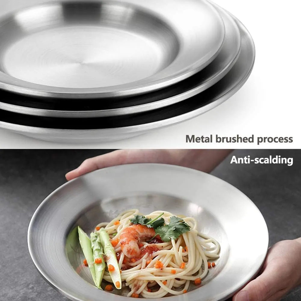 Stainless Steel Plate/Bowl, Stackable Snack Plate, Metal Brushed Finish, Easy to Pack for Outdoor Activities, Camping, Adventure, Sturdy and Unbreakable,1pc,23cm(3pc,A)