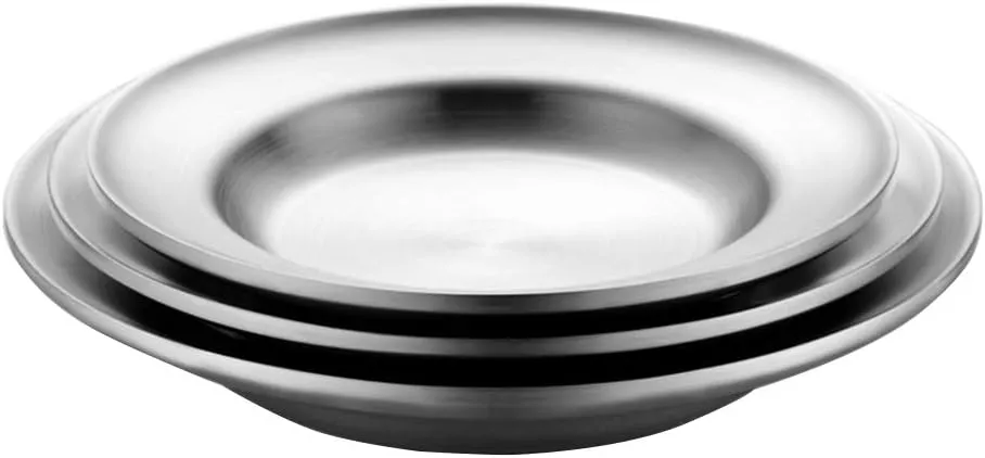 Stainless Steel Plate/Bowl, Stackable Snack Plate, Metal Brushed Finish, Easy to Pack for Outdoor Activities, Camping, Adventure, Sturdy and Unbreakable,1pc,23cm(3pc,A)