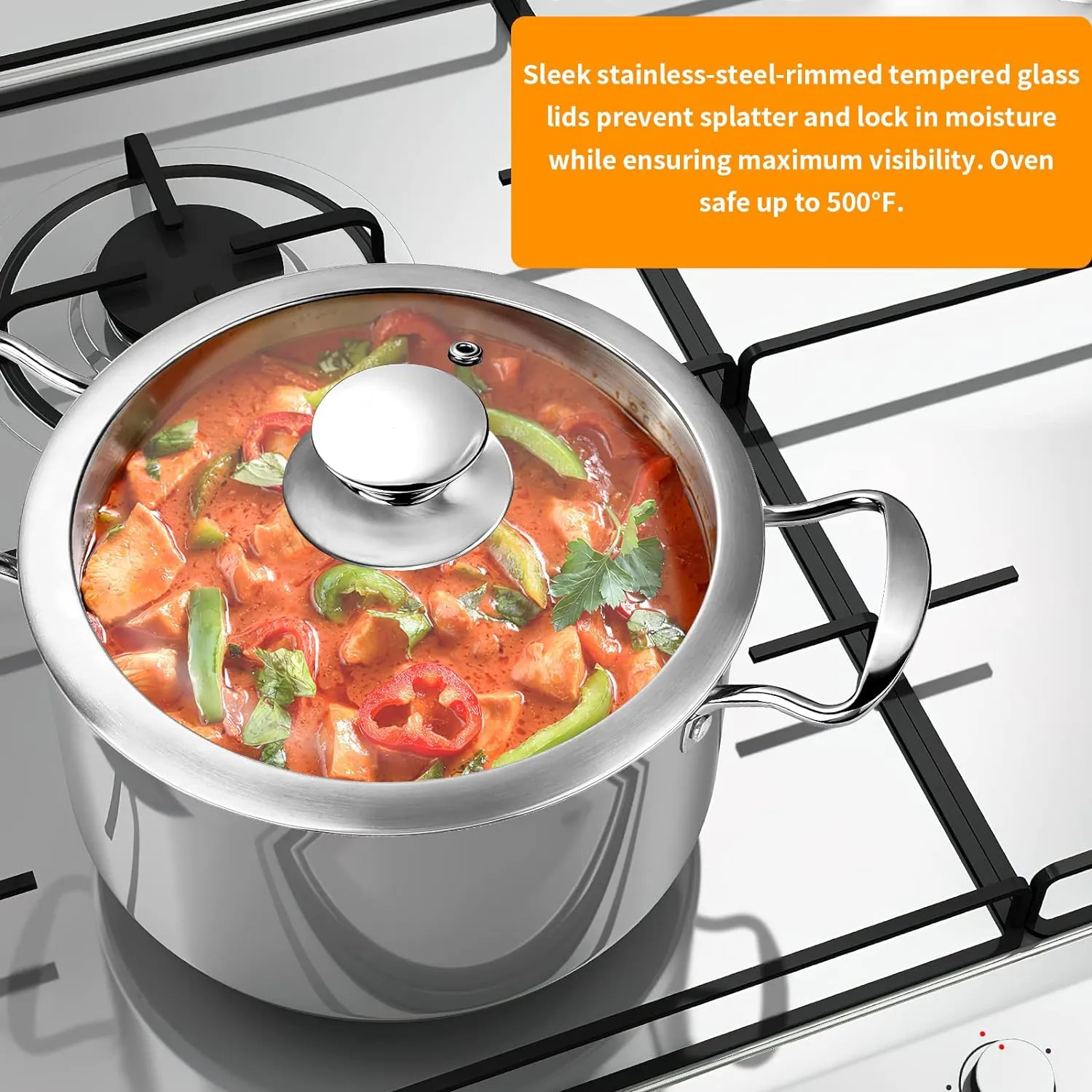 Stainless Steel Pots and Pans Set, 6 Piece Kitchen Induction Cookware Sets with Glass Lids, Works with Induction, Electric and Gas Cooktops, Non Toxic, Oven & Dishwasher Safe
