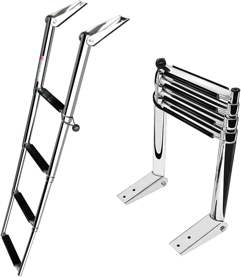 Stainless Steel Telescoping Folding Ladder Rear Entry Inboard Ladder All Welded Reinforce Swimming Deck Ladder with Wide Steps and Strong Handrails (4 Steps)