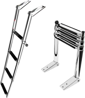 Stainless Steel Telescoping Folding Ladder Rear Entry Inboard Ladder All Welded Reinforce Swimming Deck Ladder with Wide Steps and Strong Handrails (4 Steps)