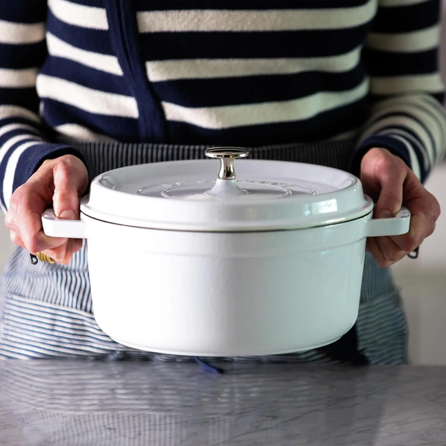 STAUB Cast Iron Dutch Oven 4-qt Round Cocotte, Made in France, Serves 3-4, White
