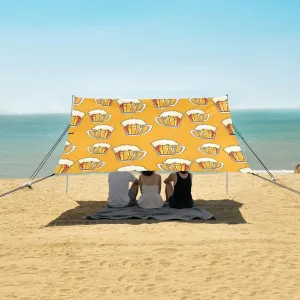 Summer Beer Mug Pattern Beach Canopy Tent Anti-UV & Wind Resistant, Camping Sun Shelter Easy Setup Portable,Outdoor Shade Tents with Sandbags,Sand Shovels,Ground Pegs & Stability Poles