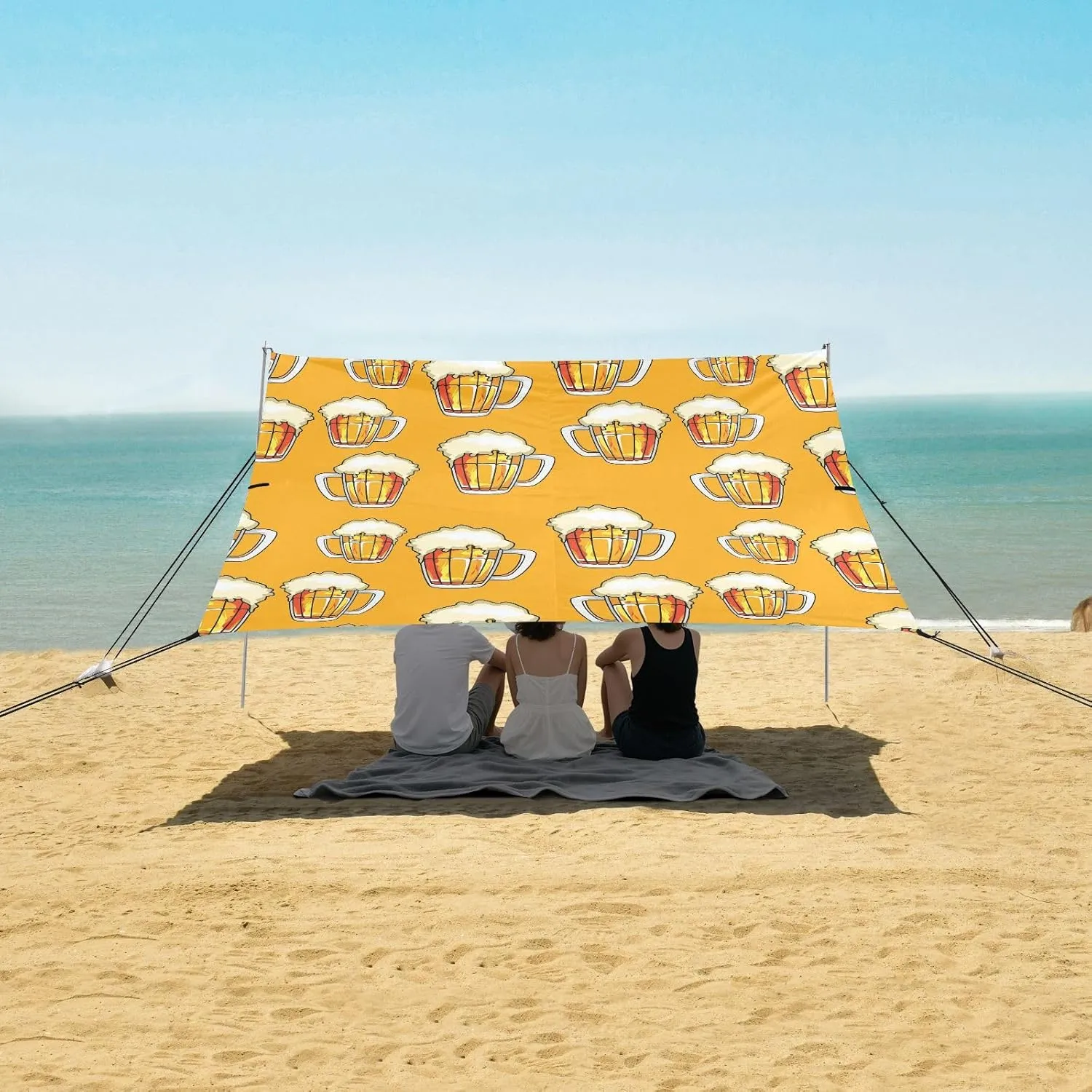 Summer Beer Mug Pattern Beach Canopy Tent Anti-UV & Wind Resistant, Camping Sun Shelter Easy Setup Portable,Outdoor Shade Tents with Sandbags,Sand Shovels,Ground Pegs & Stability Poles