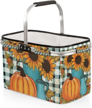 Sunflower Pumpkin Kettles Collapsible Market Basket Reusable Portable Shopping Basket Heavy Duty Camping Grocery Bag with Handle Folding Picnic Basket for Travel Shopping Camping Beach Car