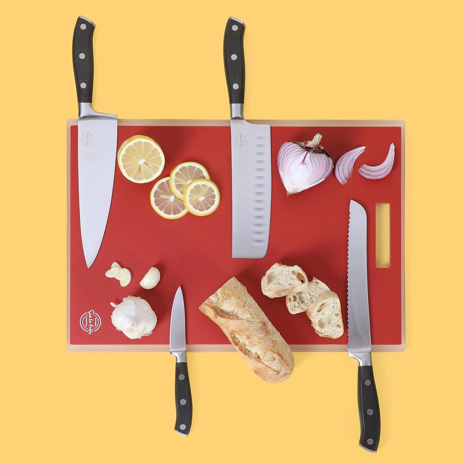 Sur La Table Kitchen Essentials 5 Piece German Steel Blade w/Triple Riveted Handle Set on Beechwood Magnetic Block - Black