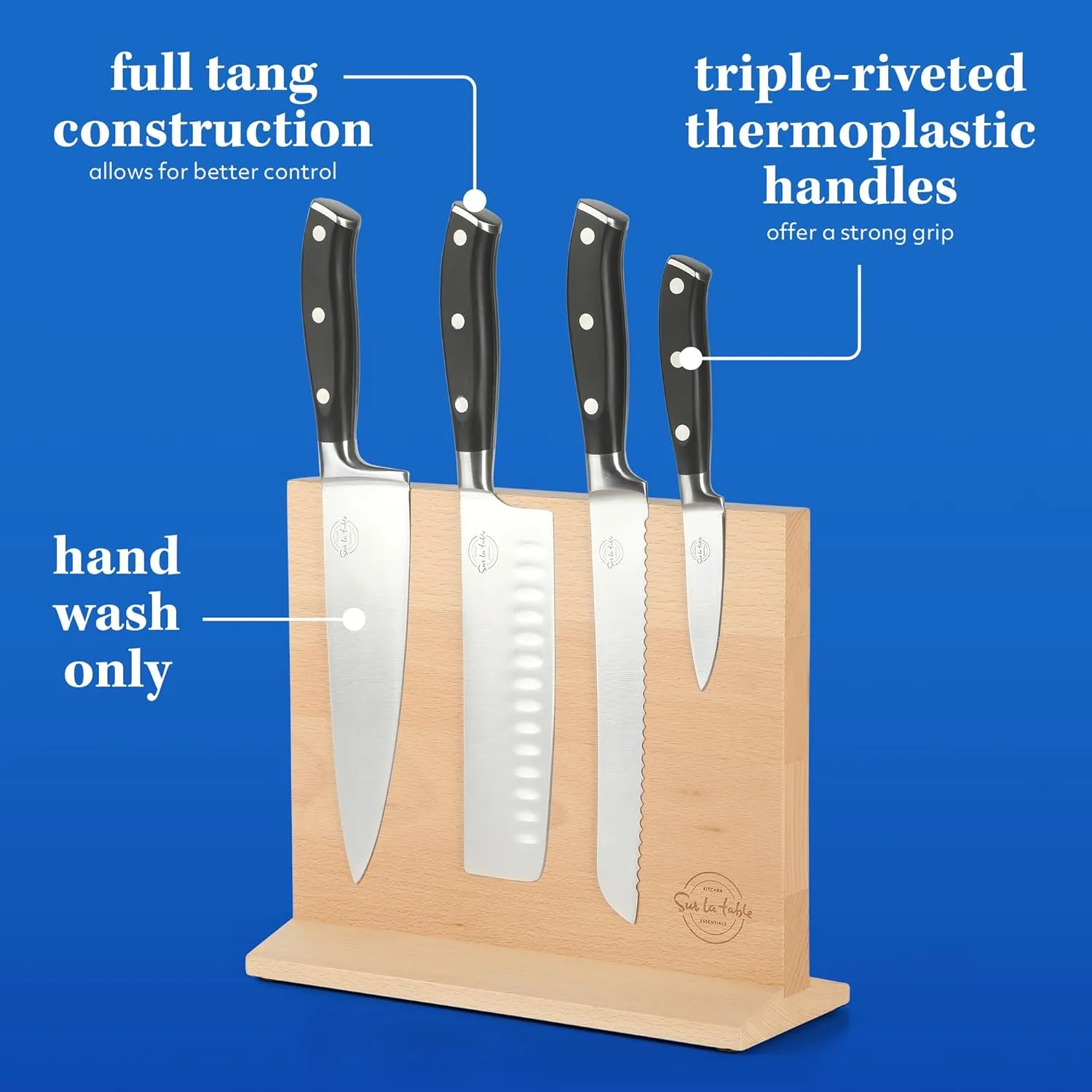 Sur La Table Kitchen Essentials 5 Piece German Steel Blade w/Triple Riveted Handle Set on Beechwood Magnetic Block - Black