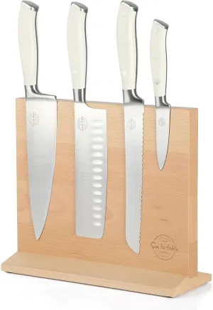 Sur La Table Kitchen Essentials 5 Piece German Steel Blade w/Triple Riveted Handle Set on Beechwood Magnetic Block - Linen White
