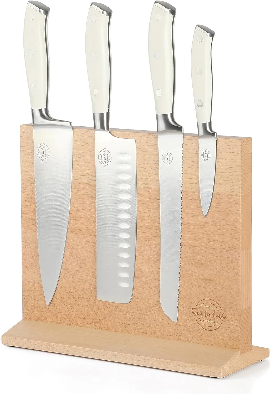 Sur La Table Kitchen Essentials 5 Piece German Steel Blade w/Triple Riveted Handle Set on Beechwood Magnetic Block - Linen White