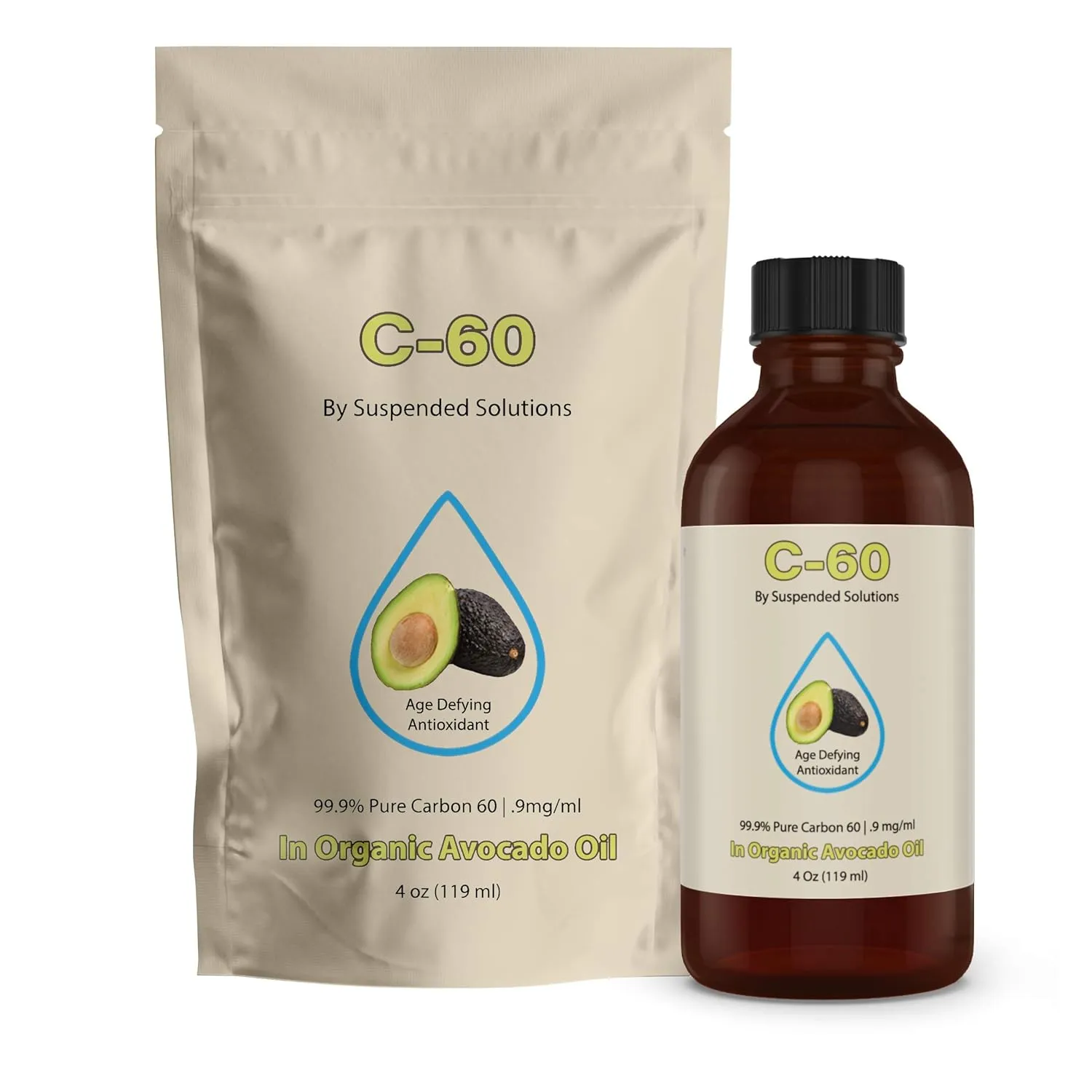 Suspended Solutions - C-60 Avocado - 4oz -99.9% Pure C-60 In Organic Extra Virgin Avocado Oil - 100% Solvent Free - 108mg Active C60 - Glass Bottle - Carbon 60