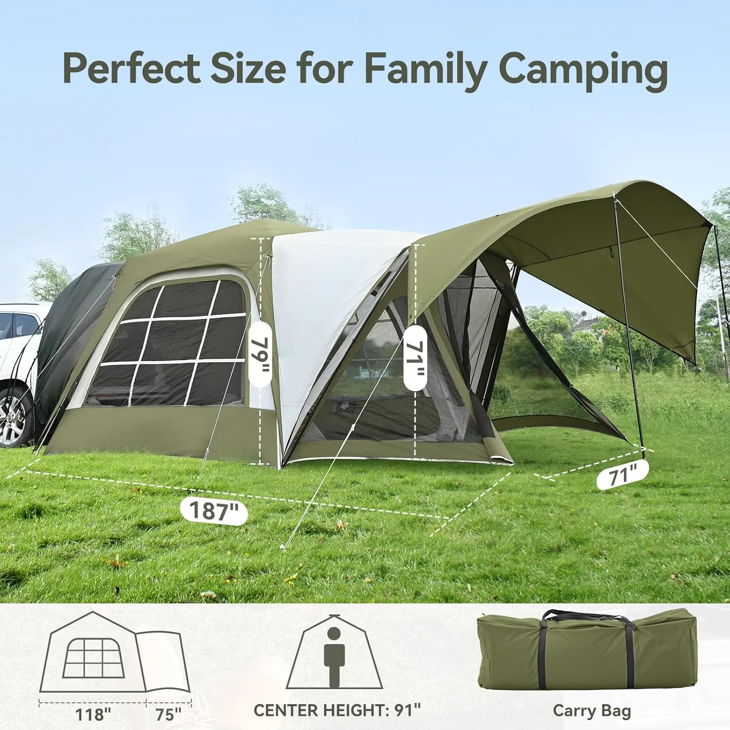 SUV Tent for Camping with Vestibule and Canopy, Waterproof 6-8 Person Automatic Car Truck Camping Tent with Rainfly, Army Green