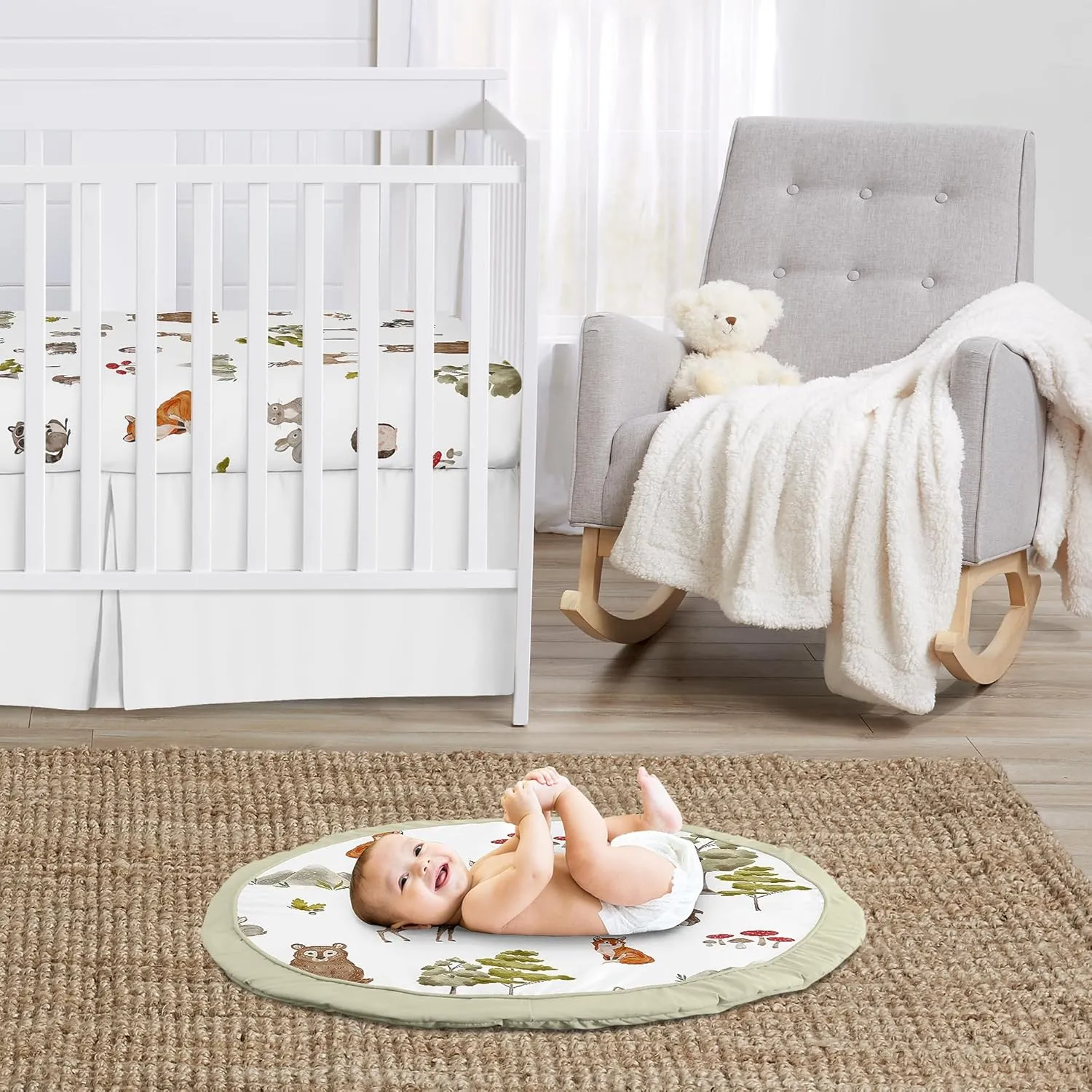 Sweet Jojo Designs Woodland Forest Animals Boy Girl Gender Neutral Unisex Baby Play Mat Tummy Time Activity Infant Playmat Playpen Tent Teepee Floor Animal Friends Brown Bear Hedgehog Deer Watercolor