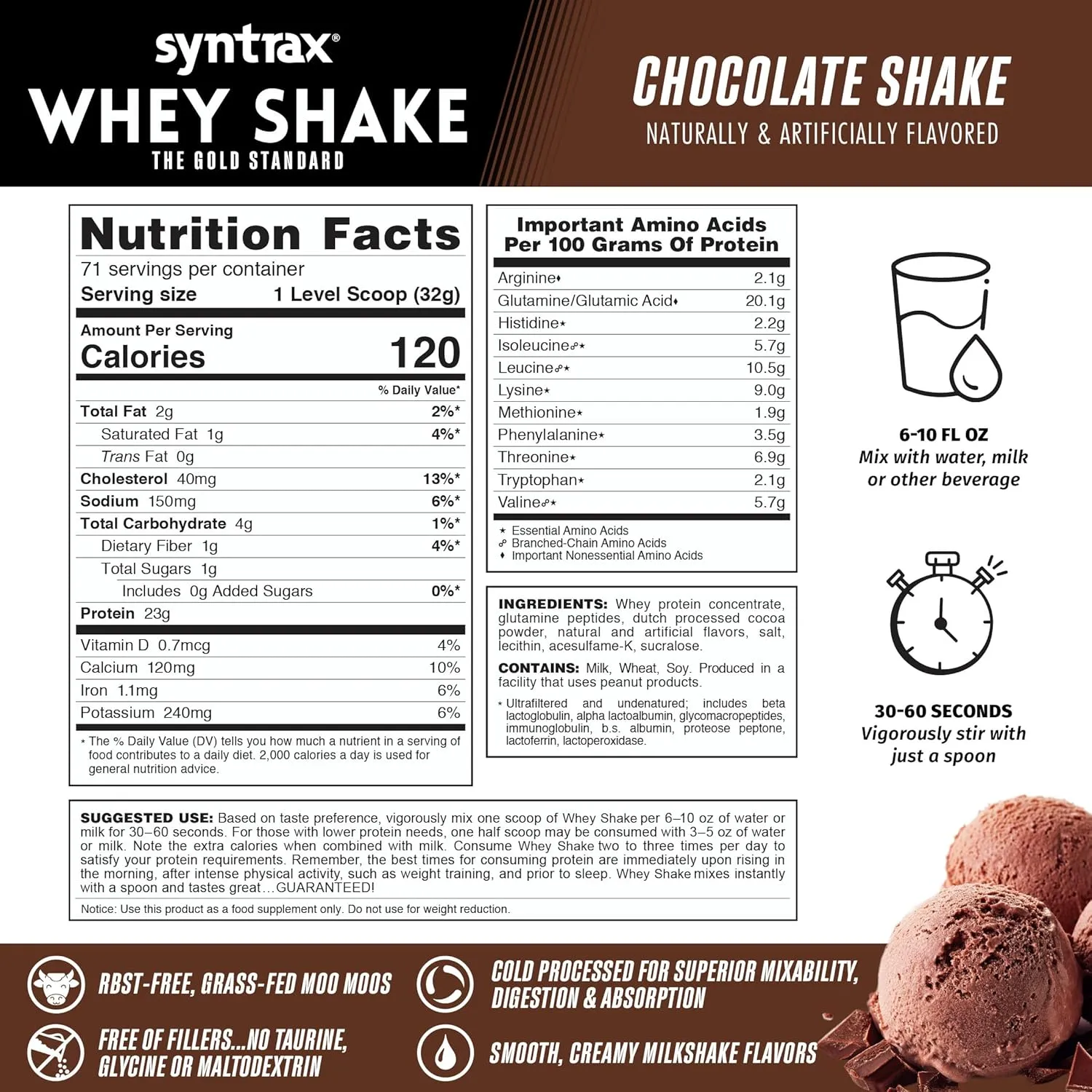 Syntrax Nutrition Whey Shake Protein Powder, Cold Filtered & Undenatured Whey Protein Blend, Chocolate Shake, 5 lbs