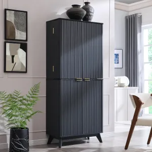 T4TREAM 72" Tall Fluted Pantry Storage Cabinet with Faux Marble Top, Adjustable Shelves & Door Racks, Curved Profile Design, Spacious Dual-Zone Wood Organizer for Kitchen, Living Room, Dark Grey