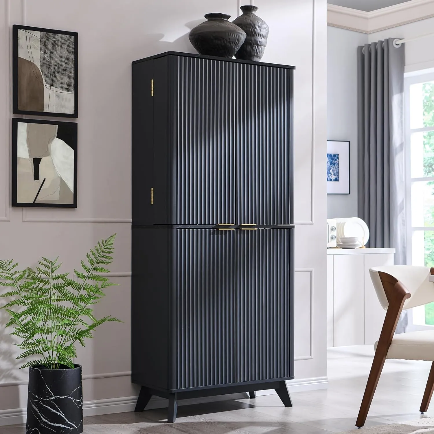 T4TREAM 72" Tall Fluted Pantry Storage Cabinet with Faux Marble Top, Adjustable Shelves & Door Racks, Curved Profile Design, Spacious Dual-Zone Wood Organizer for Kitchen, Living Room, Dark Grey