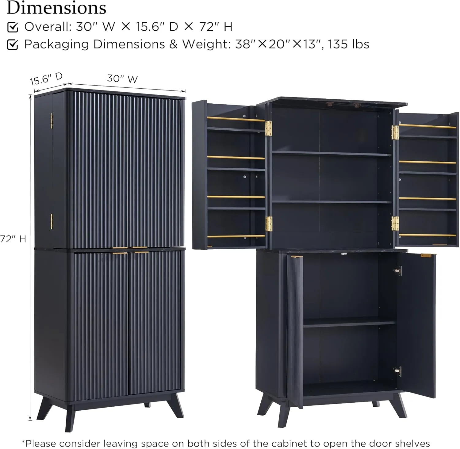 T4TREAM 72" Tall Fluted Pantry Storage Cabinet with Faux Marble Top, Adjustable Shelves & Door Racks, Curved Profile Design, Spacious Dual-Zone Wood Organizer for Kitchen, Living Room, Dark Grey