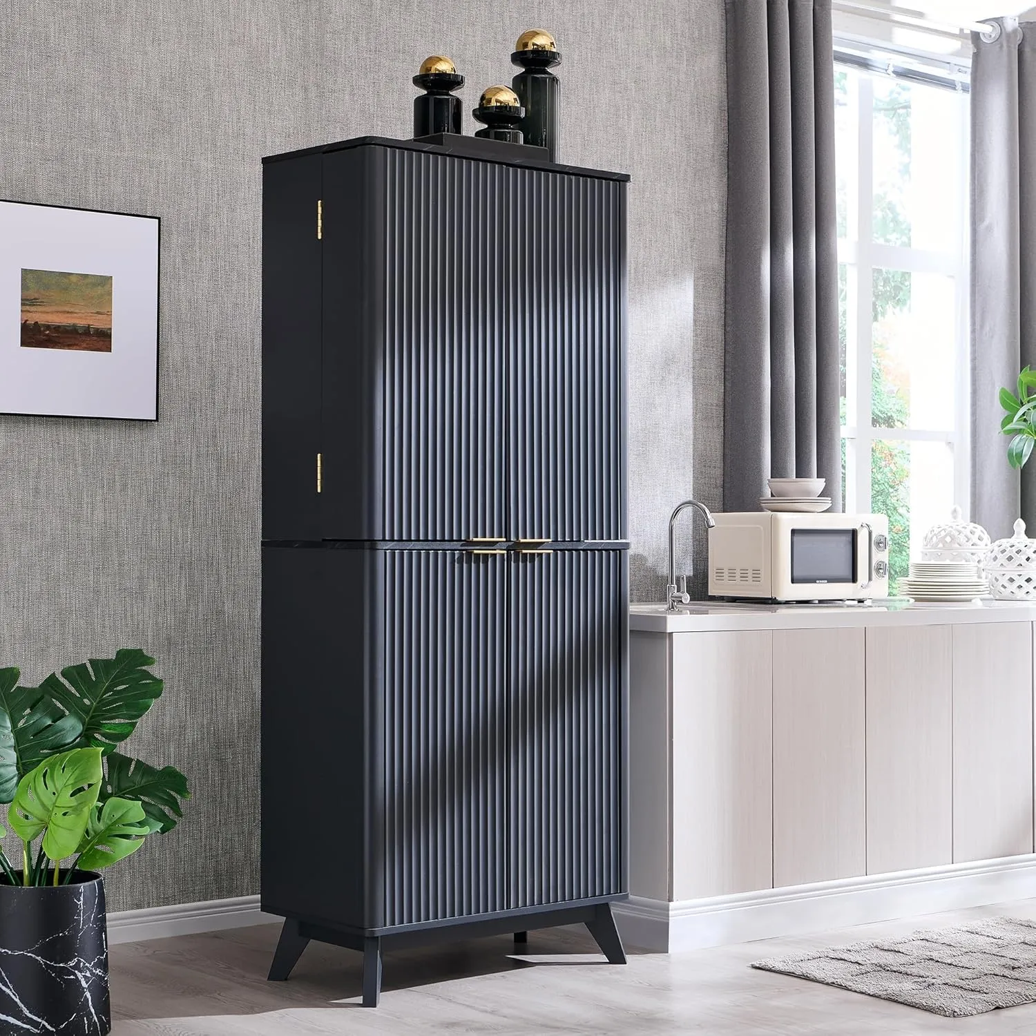 T4TREAM 72" Tall Fluted Pantry Storage Cabinet with Faux Marble Top, Adjustable Shelves & Door Racks, Curved Profile Design, Spacious Dual-Zone Wood Organizer for Kitchen, Living Room, Dark Grey
