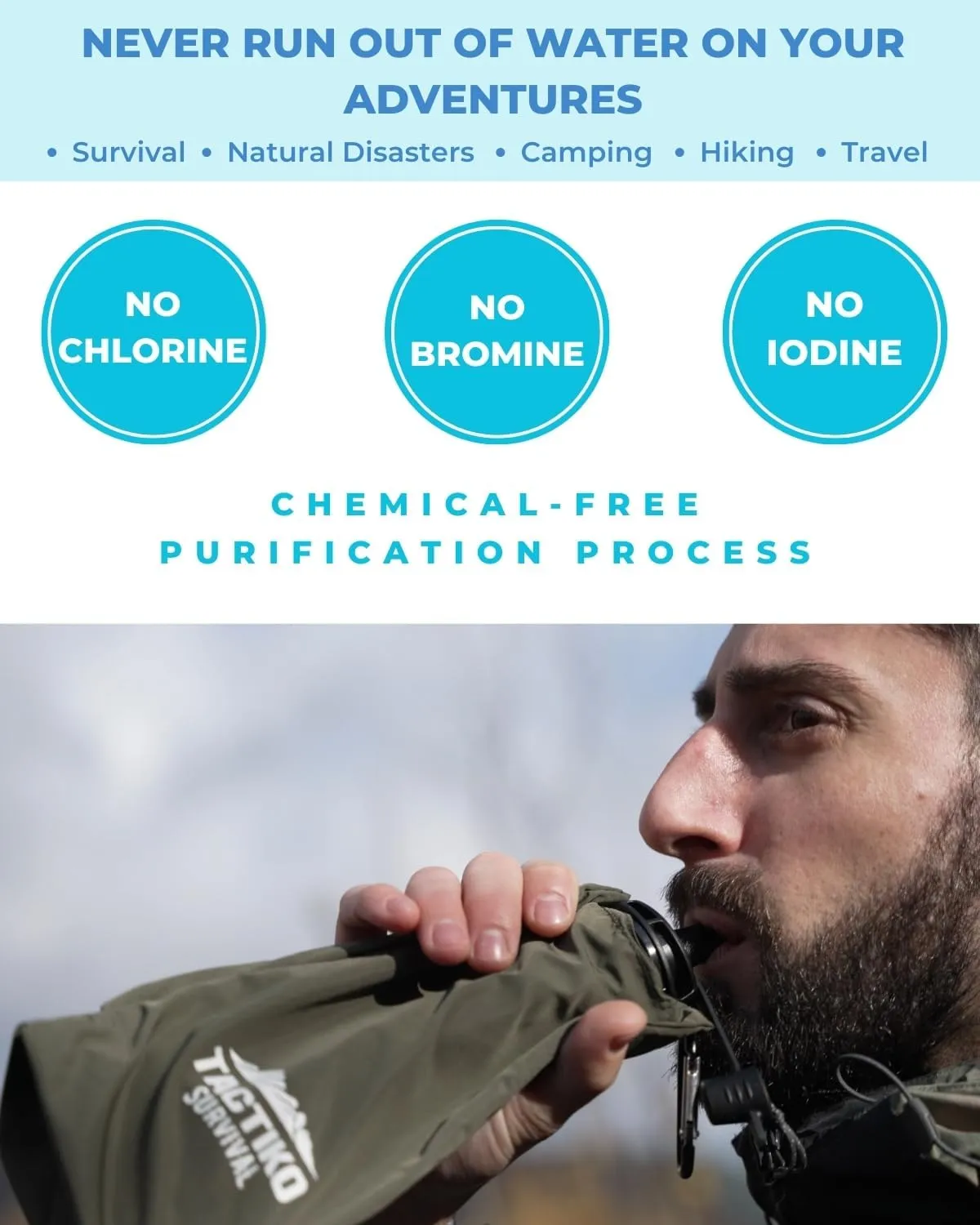 Tactiko 25oz. Purifying Water Bottle - UF Membrane, Activated Carbon Filter 265Gal. from Rivers, Streams - SGS Certified Personal Filter Straw - Camping, Emergency, Survival (Green)