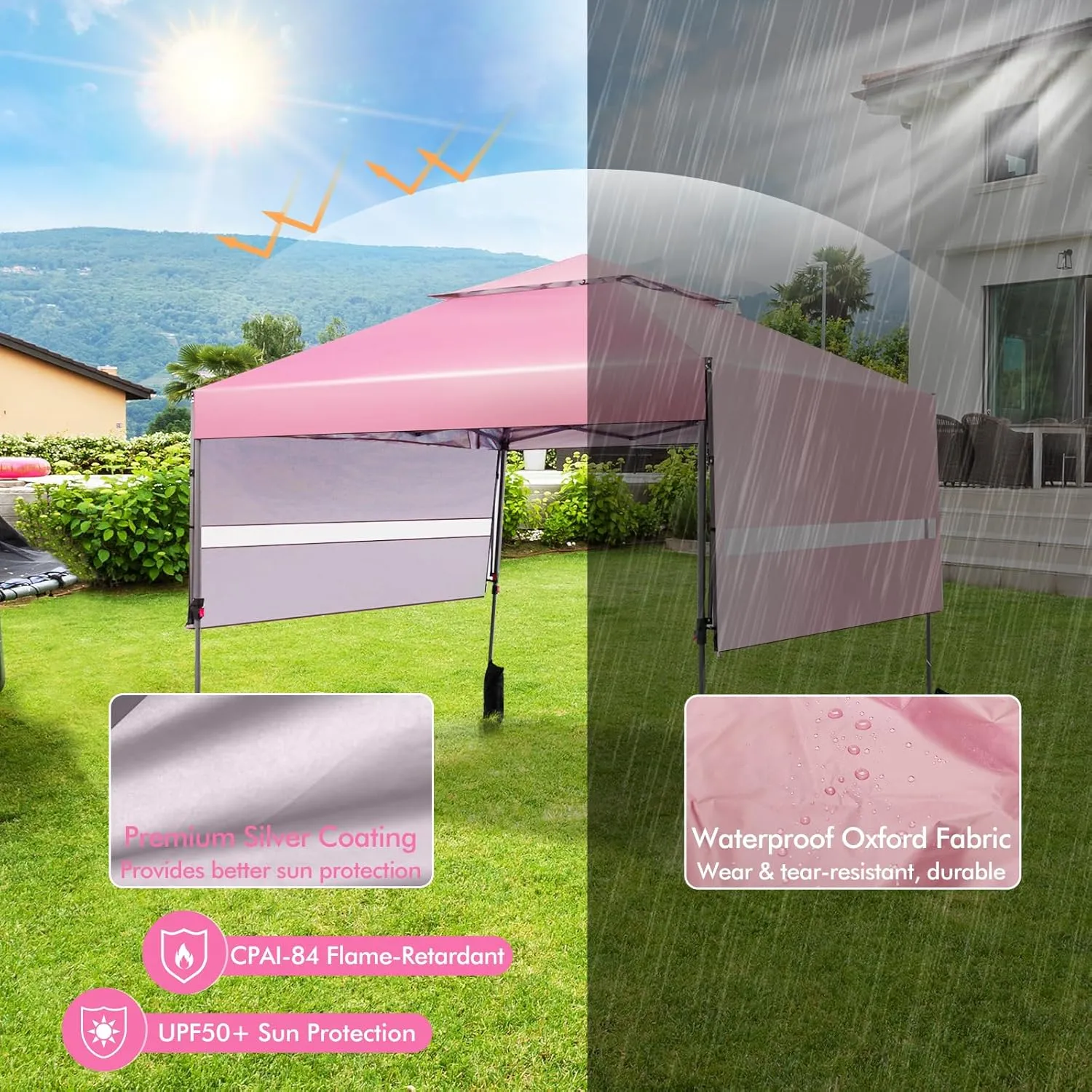 Tangkula 10x17.6 Ft Pop Up Canopy with Adjustable Dual Awnings, 2 Tier Outdoor Canopy Tent with 8 Stakes, 4 Ropes, 4 Sand Bags, Wheeled Bag, Easy Setup Instant Tent for Patio, Market, Picnic (Pink)