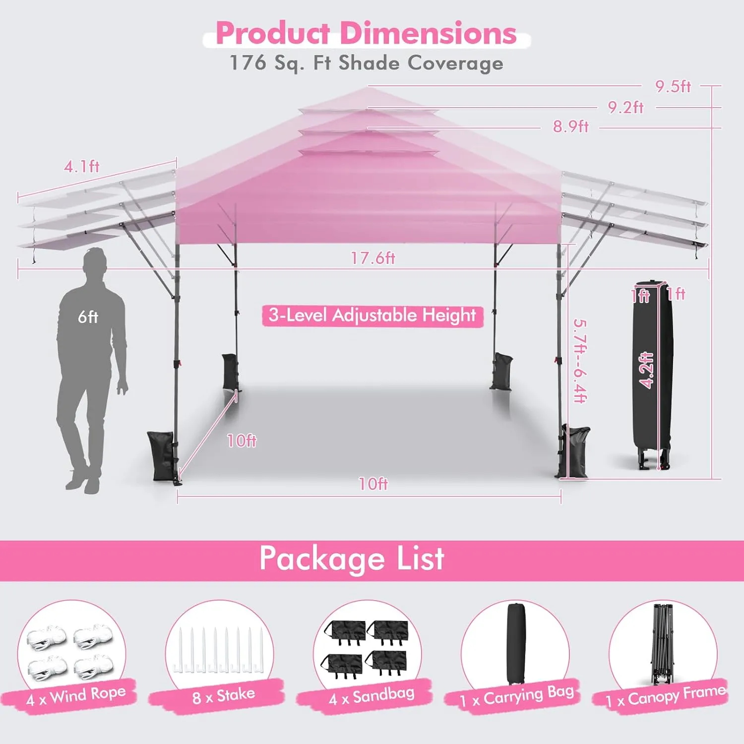 Tangkula 10x17.6 Ft Pop Up Canopy with Adjustable Dual Awnings, 2 Tier Outdoor Canopy Tent with 8 Stakes, 4 Ropes, 4 Sand Bags, Wheeled Bag, Easy Setup Instant Tent for Patio, Market, Picnic (Pink)