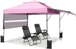 Tangkula 10x17.6 Ft Pop Up Canopy with Adjustable Dual Awnings, 2 Tier Outdoor Canopy Tent with 8 Stakes, 4 Ropes, 4 Sand Bags, Wheeled Bag, Easy Setup Instant Tent for Patio, Market, Picnic (Pink)